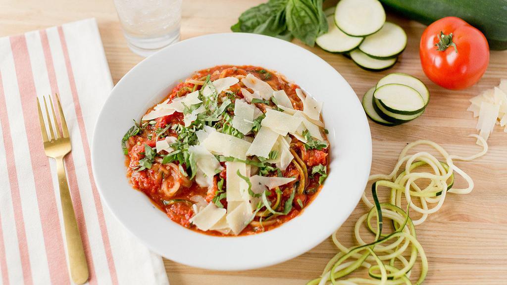 Zoodles Arrabbiata · Zucchini noodles, spicy marinara, pomodoro tomato, anchovy paste, onion and fresh basil.