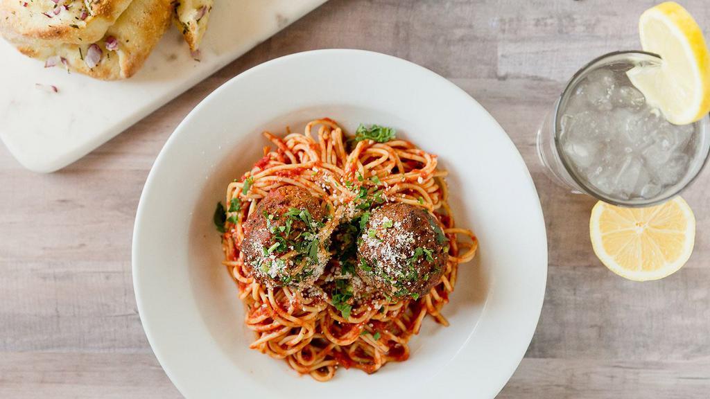 Spaghetti and Meatballs · Marinara sauce, meatballs, Parmesan, oregano, basil. Served on spaghettini.