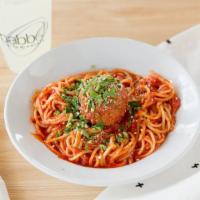 Kids Meatball and Spaghetti · Long thing pasta with ball of seasoned meat.