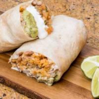 Super Burrito · Whole Beans, rice, fresh salsa, cheese, guacamole, sour cream, and choice of meat.