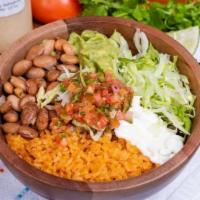veggie Burrito Bowl · Whole Beans, rice, cheese, guac, sour cream, salsa and lettuce
