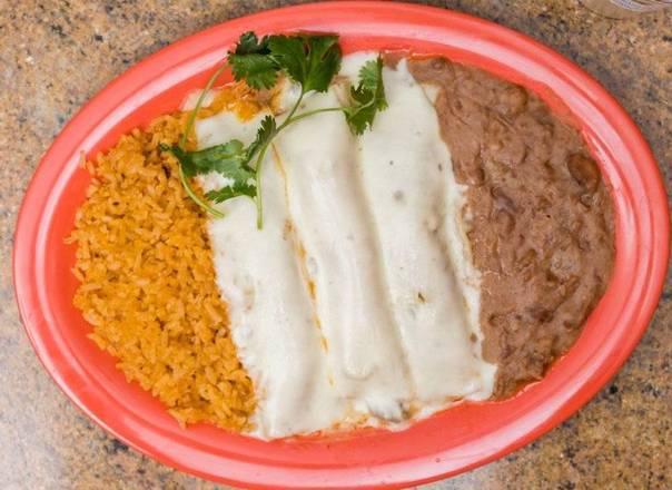Enchiladas · Your choice, of cheese, chicken, or beef filling with rice and beans on the side. 3 enchiladas per order.
