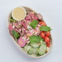 Mighty Med Salad · Super Greens, Steak, Grape Tomatoes, Cucumber, Pickled Egg, Pickled Red Onion, Lemon Tahini ...