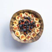 Superfood Bowl · Base blend: organic acai, VB blend, almond milk, graviola, acerola, kale, bananas and strawb...