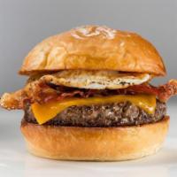 The Hangover Burger · Smokehouse bacon, cheddar cheese and fried egg.