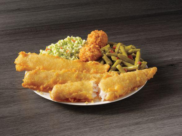 3 Piece Batter Dipped Fish Meal · Three of our famous batter dipped fish fillets, golden on the outside tender on the inside. Served with your choice of two sides and hush puppies.