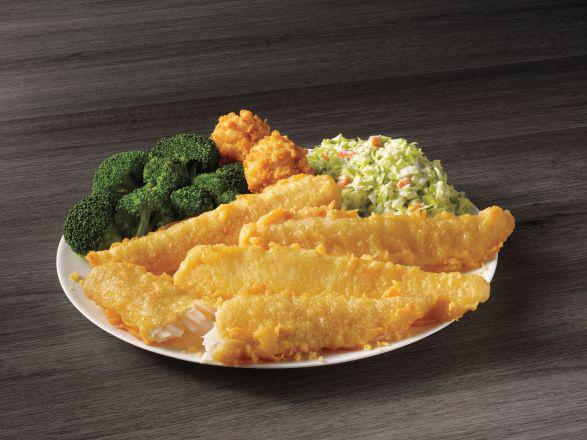 4 Piece Batter Dipped Fish Meal · Four of our famous batter dipped fish fillets, golden on the outside tender on the inside. Served with your choice of two sides and hush puppies.