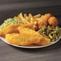 Catfish Feast · Hand-breaded catfish fillets served with your choice of three sides and hush puppies.