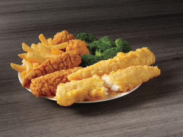 2 Piece Fish & 2 Piece Chicken Meal · Two pieces of batter dipped fish and two chicken tenders, served with your choice of two sides and hush puppies.