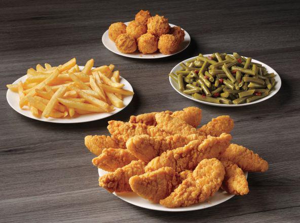 14 Piece Chicken Family Meal · Fourteen of our breaded chicken tenders with eight hush puppies and your choice of two family-style sides.