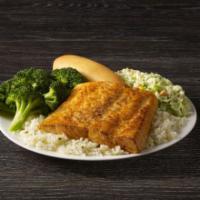 Wild Alaskan Salmon Meal · Wild Alaskan Salmon seared to perfection and served on a bed of rice with your choice of two...