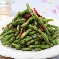Stir Fried String Beans · Sprinkled with yacai, pickled upper leaves and stems of a variety of mustard greens. Comes w...