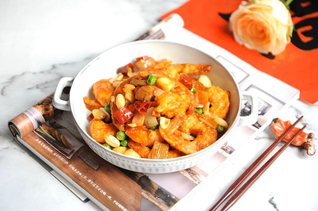 Kung Pao Shrimp  · Baby shrimp, peanuts, onion, and bell pepper. 