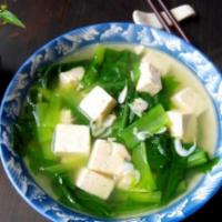 Bok Choy Tofu Soup · Chicken broth based soup with sliced tofu and bok choy.