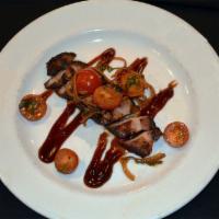 NUESKE'S PORK BELLY. · Smoked Aged Pork Belly Medallions, Sweet Barbeque Glaze, Tomato Relish