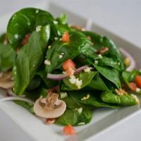 SPINACH SALAD · Baby Spinach, Red Onion, Cherry Tomatoes, Bacon, Hard-Boiled Egg, Mushrooms, Suggested Dress...