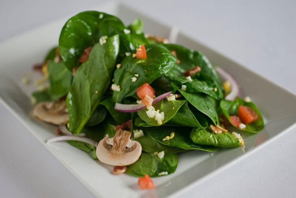 SPINACH SALAD · Baby Spinach, Red Onion, Cherry Tomatoes, Bacon, Hard-Boiled Egg, Mushrooms, Suggested Dressing - Warm Bacon Vinaigrette