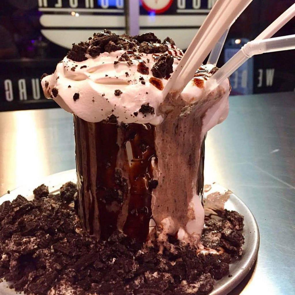 Cookies and Cream Mob Shake · Whipped cream, chocolate syrup, shredded Oreo, and 2 Oreo cookies.