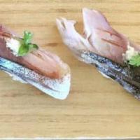 Saba (Mackerel) Nigiri (2 pcs) · Seared House marinated mackerel.