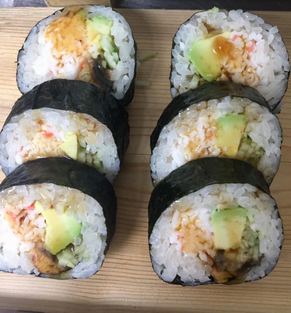 Spring Roll 6 pieces · Unagi, Imitation crab, avocado, cucumber, and Unagi sauce.