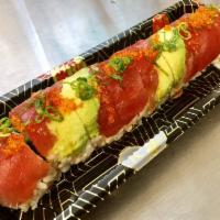 Crazy Roll · Spicy salmon & cucumber topped with avocado, tuna, eel sauce, sesame seed, green onion and t...