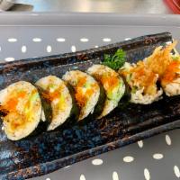 Shrimp Tempura Roll · Deep-fried shrimp, Imitation crab, avocado, cucumber, tobiko, and unagi sauce