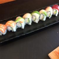 Rainbow Roll · Imitation crab, avocado topped with raw fish and avocado