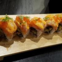 Belmont Roll · eel and avocado topped with seared salmon, spicy mayo sauce, eel sauce, sesame seed, green o...