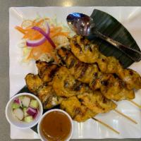 Chicken Satay · Grilled marinated chicken skewers served with peanut sauce and cucumber salad .