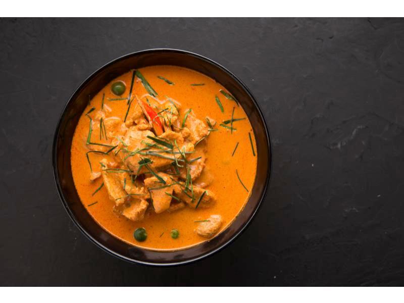 Red Curry แกงแดง · Kang-dang. Red spices and savory coconut-milk based curry with strips of bamboo shoot basil and bell pepper.