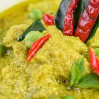 Green Curry แกงเขียว · Green spices paste and savory coconut-based curry with eggplants , thai eggplant , bamboo sh...