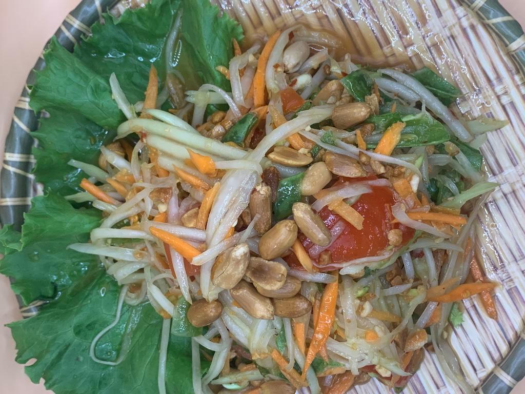 Papaya Salad Thai style (ส้มตำไทย)  · Som tum Thai. Thai style salad with papaya, chille, peanut, dry shrimp serve with sticky rice.
