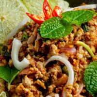 Larb Salad ลาบ · Thai style spicy salad with choice of meat, roasted rice, fish sauce, mint.