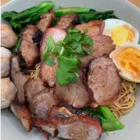 Dry Egg Noodle BBQ Pork บะหมี่แห้งหมูแดง · Red BBQ pork with egg noodle, boiled egg ,pork ball ,Chineses broccoli on top with red sweet...