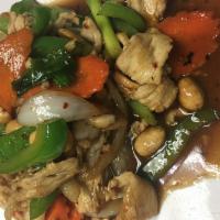 38. Kung Pao · Stir-fried onions, bell peppers, scallions, carrots, dried chili and peanuts in our spicy ho...