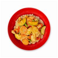 Red Coconut Curry Rice Bowl · Carrot, red bell pepper, string beans, mushroom, broccoli, zucchini, Malaysian coconut curry...