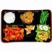 Pineapple Sweet & Sour Bento Box · Wok-fried, green and red bell pepper. Ginger salad, noodles, garlic string beans and your ch...