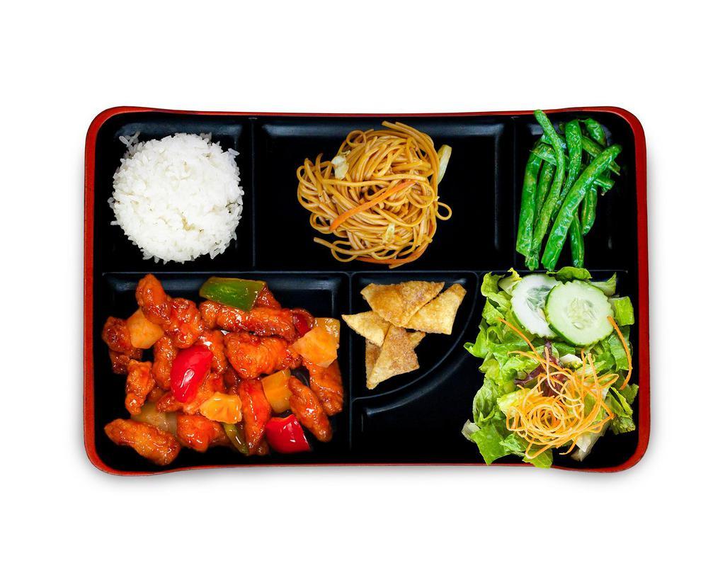 Pineapple Sweet & Sour Bento Box · Wok-fried, green and red bell pepper. Ginger salad, noodles, garlic string beans and your choice of white or brown rice.