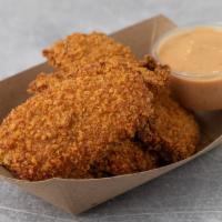 Fried Pickles · Dill pickle chips, hand-battered and fried to perfection. Served with BBQ Ranch dipping sauce