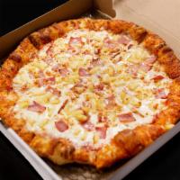 Hawaiian Pizza · Traditional cheese pizza with slices of baked Virginia ham and sweet pineapple chunks. 