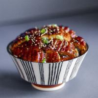 Donburi Eel Bowl · Torched Eel (5oz) served over furikake rice with tamago, ginger rose, wasabi, and a side of ...