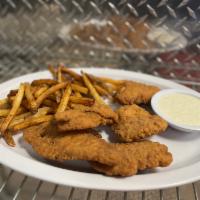 Chicken Fingers and Fries · Breaded crispy chicken tenders. Choice of Plain, Mild, Hot or BBQ. Served with either Ranch ...