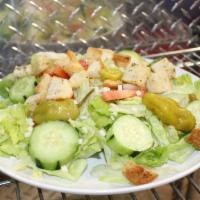 House Salad · Mixture of Romaine and Iceberg lettuce, tomatoes, cucumber, pepperoncini, mozzarella & crout...