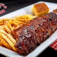 BBQ Baby Back Ribs · Full slab served with French Fries, Cornbread, Coleslaw and Baked Beans. **No substitutions ...