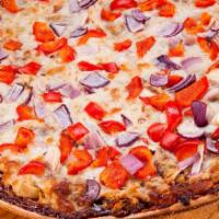 BBQ Chicken Pizza (Thin Crust) · BBQ sauce, chicken, red bell peppers, fresh garlic and red onions.