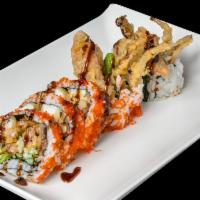 Spider Maki · Soft shell crab, avocado, cucumber and tobiko with spicy mayo. Cooked.