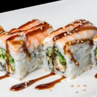 Scorpion Maki · Eel and cucumber inside, topped with avocado and shrimp. Cooked.