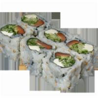 Philadelphia Maki · Smoked salmon with cream cheese and scallion roll. Uncooked.