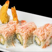 Snow Mountain Maki · Shrimp tempura with crab meat, tobiko, topped with special mayo mixture.