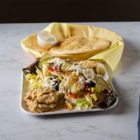 Greek Platter · Gyro meat, hummus, falafel, 1 pita, tzatziki sauce, dolma, feta cheese and baba ganoush.